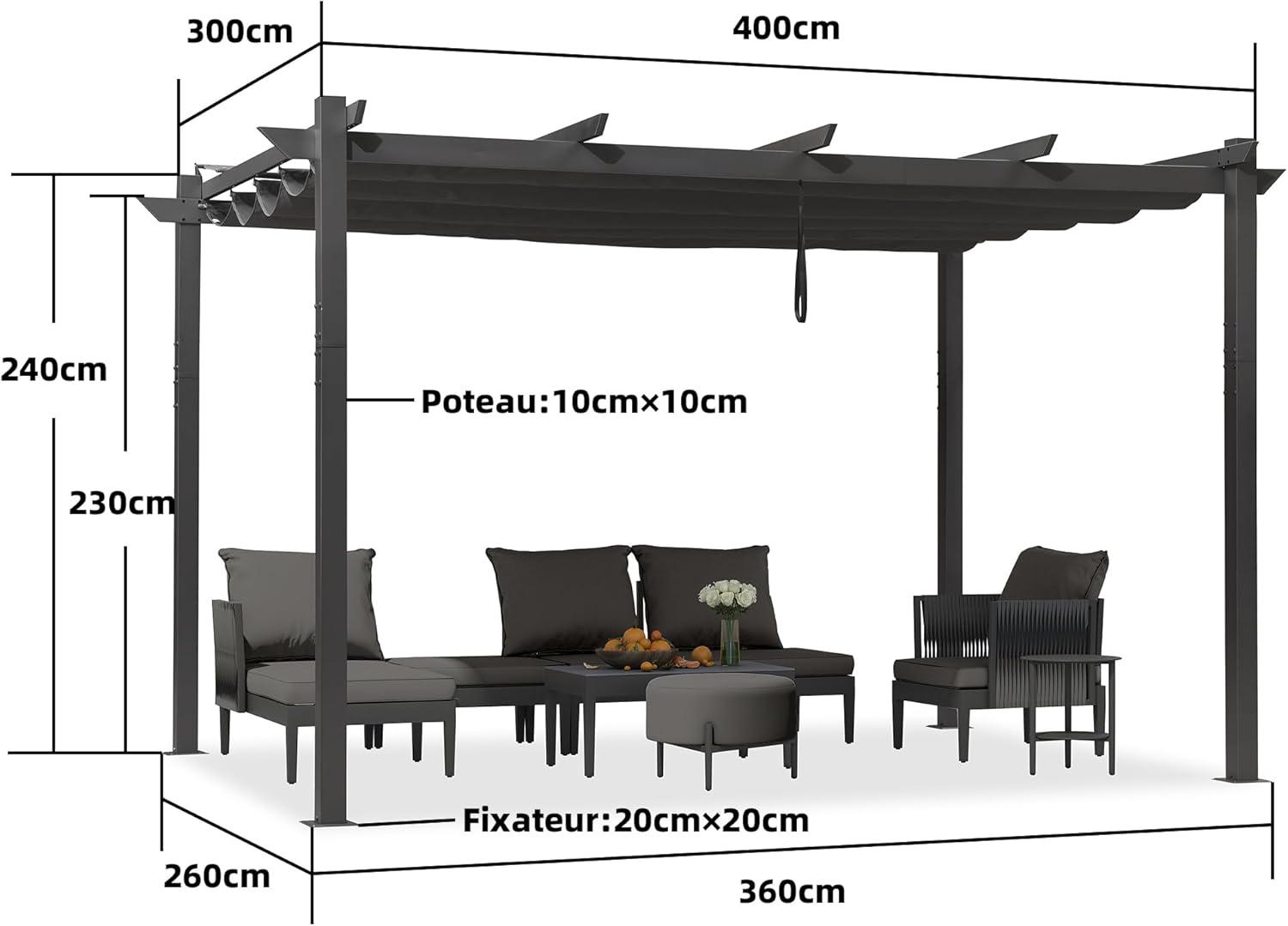 jardinite – pergola aluminium – 4x3m – toit rétractable, éclairage intégré