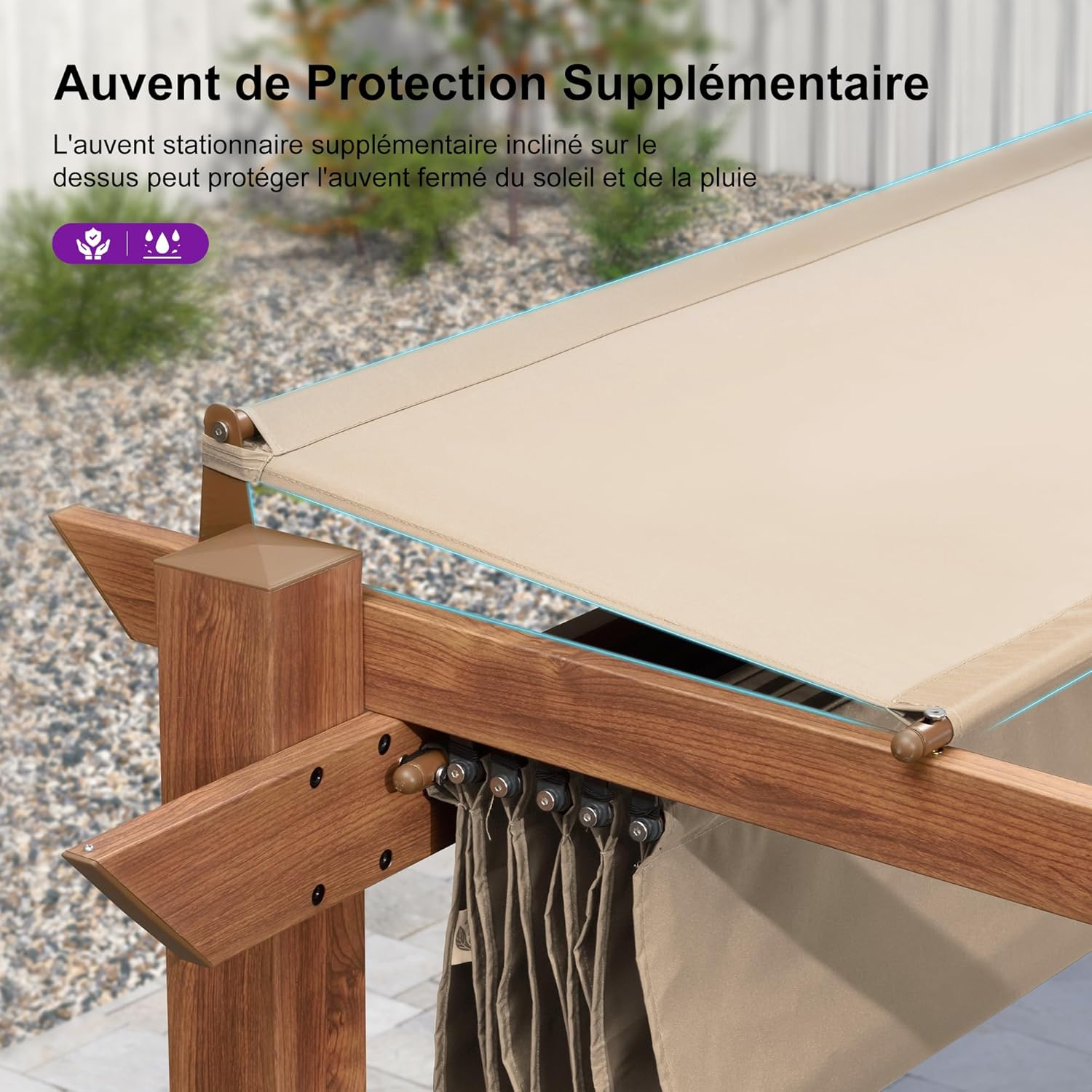 jardinite - pergola aluminium - 3x3m - teck, toile rétractable, kaki