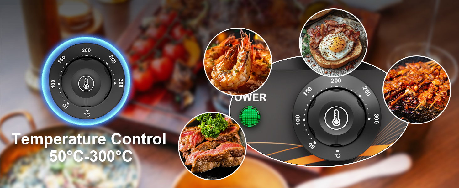 Le texte indique « Contrôle de la température ». Série de commandes d'interface circulaires et d'images des aliments, montrant ce qui semble être des réglages de cuisson ou de réglage de la température.
