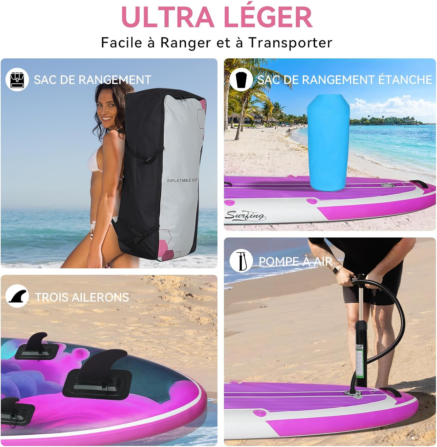 jardinite - Paddle gonflable 320/335 cm - 2 places, siège kayak, pagaie, pompe, 150 kg