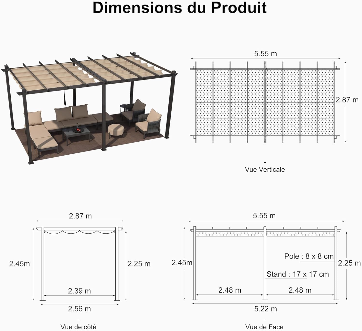 jardinite - Pergola alu 5,5x3m, toit rétractable LED, kaki