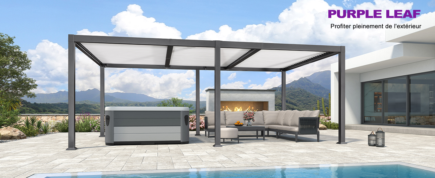 avec toit rétractable au-dessus des meubles de jardin et du bain à remous. Design moderne avec cadre en aluminium, donnant sur le paysage de montagne et la piscine.