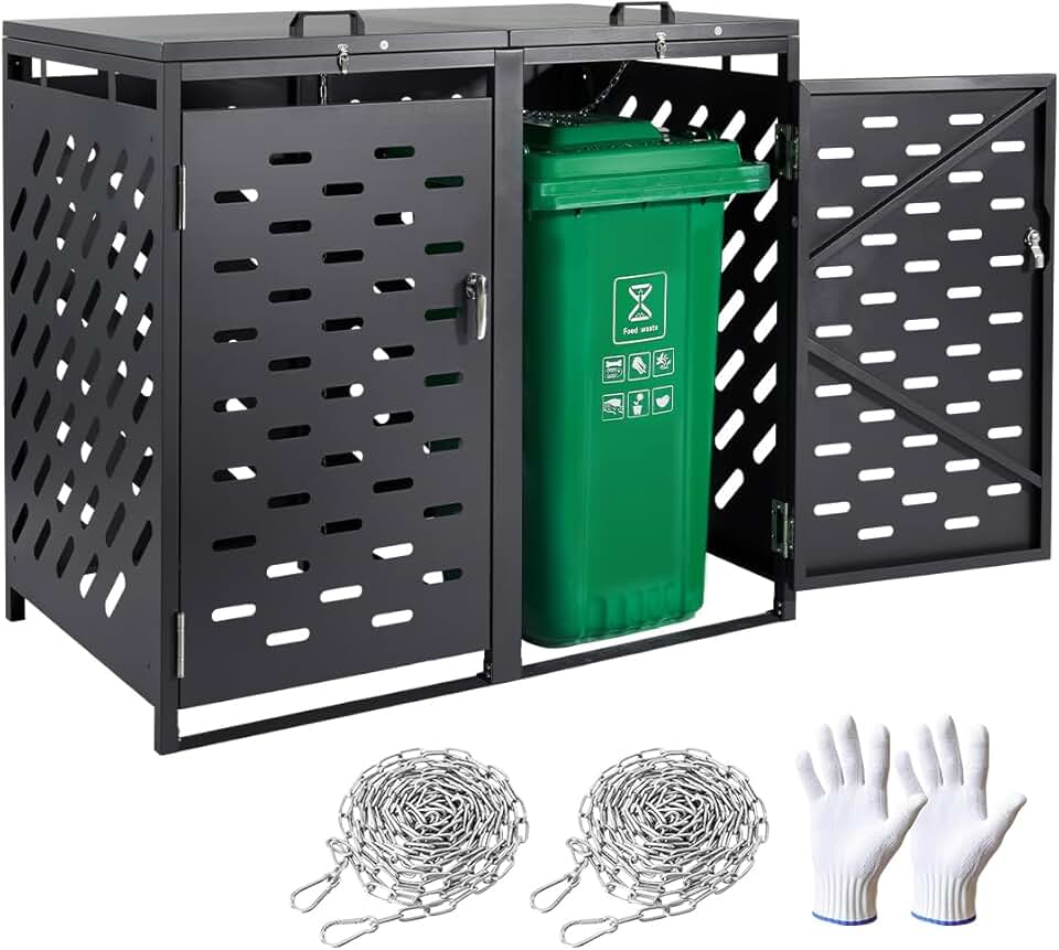 jardinite Abri pour poubelles, 2 x 240 L, Rangement pour poubelles Horizontal, avec Couvercle à chaîne, boîte de Rangement à poubelles d'extérieur, étanche et verrouillable, pour Jardin, Cour et terrasse