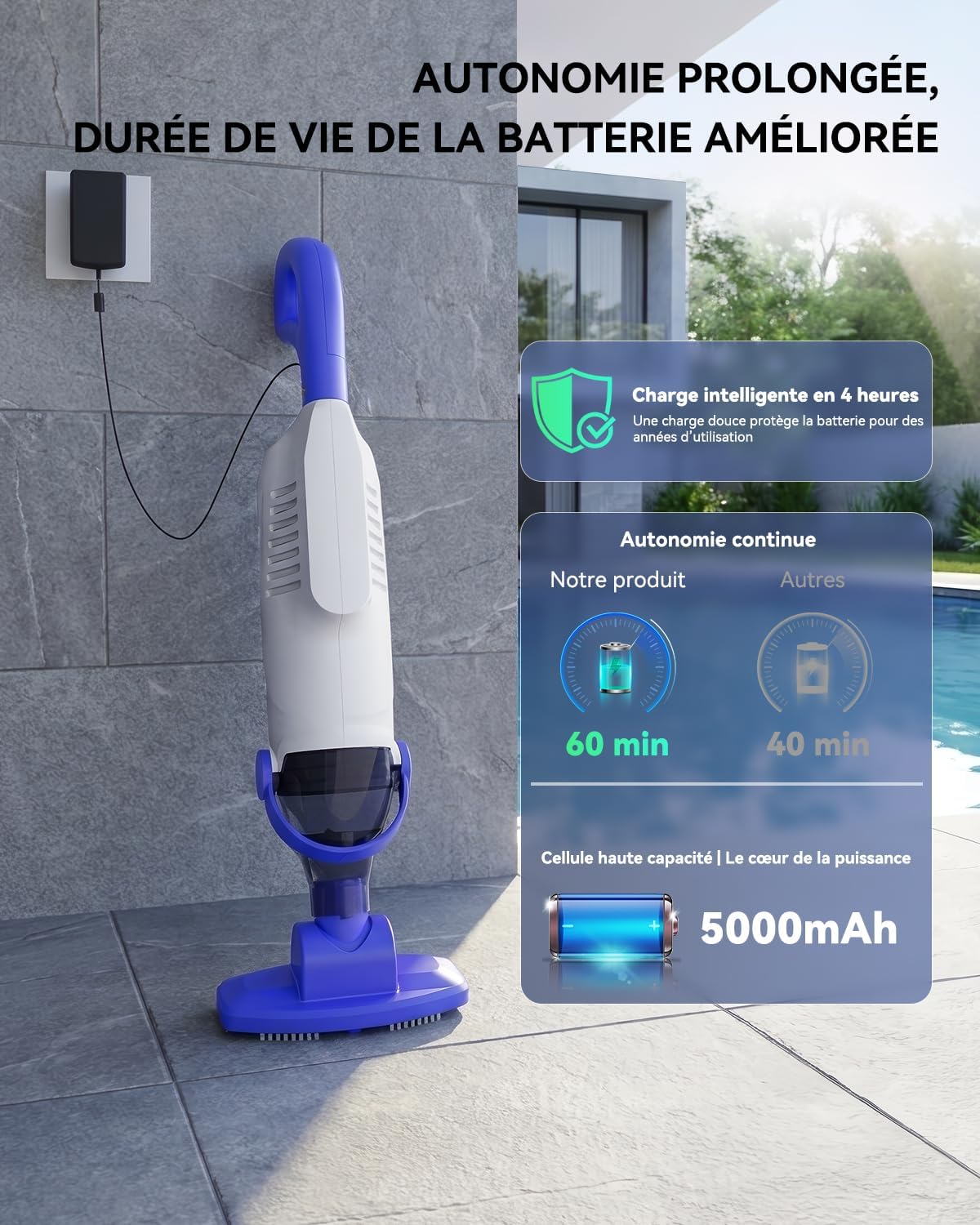 Aspirateur piscine manuel - 60 min autonomie - filtres & brosse - compact