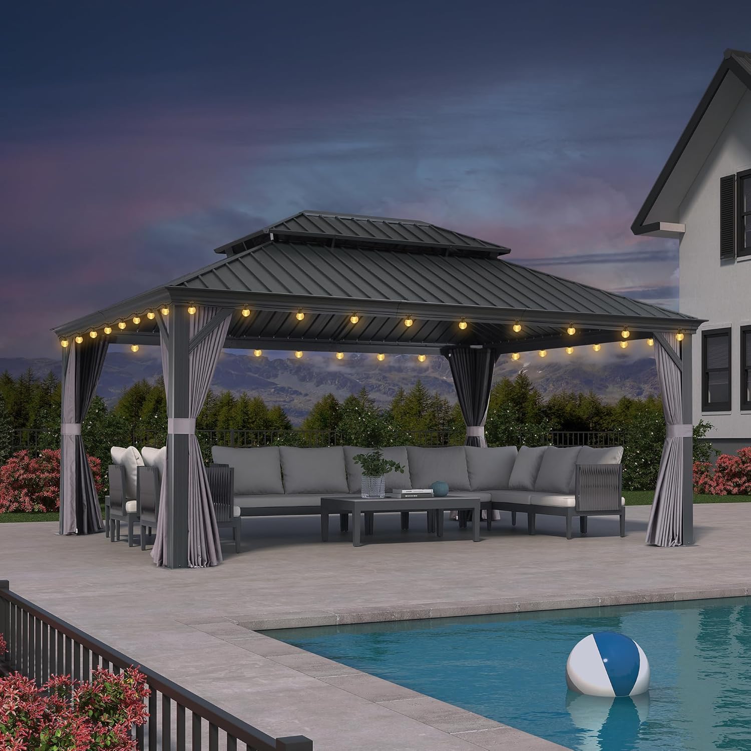jardinite - pergola éclairée 5,2x4m, aluminium, rideaux, gouttière, gris