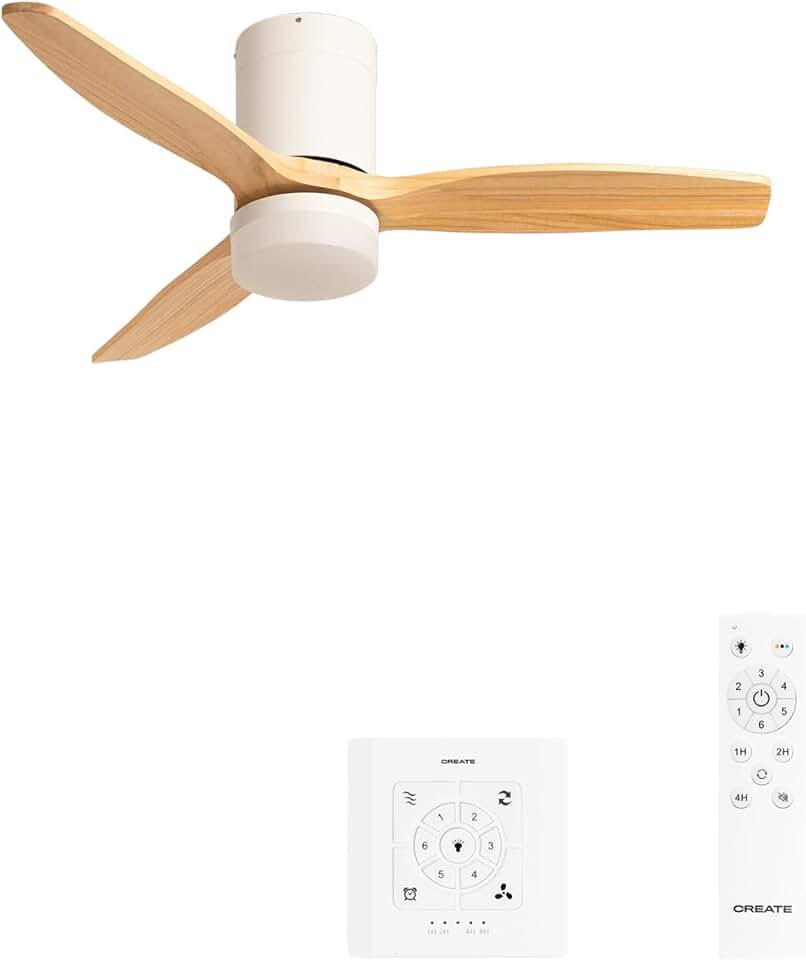 jardinite - Ventilateur plafond WindCalm - Ø112cm - lumière LED, pales bois, télécommande, 40W, été-hiver, 3 températures, 