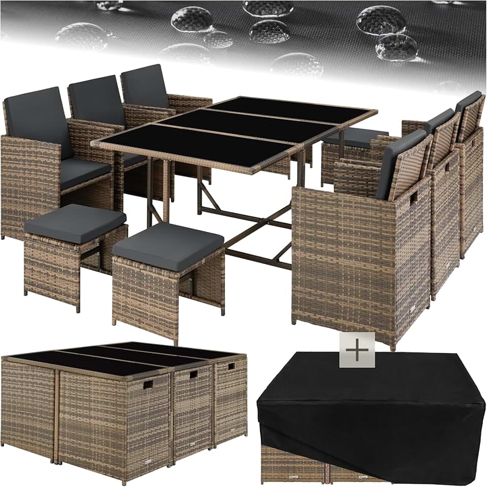 jardinite - salon de jardin poly rotin 10 pers., housse, entretien facile