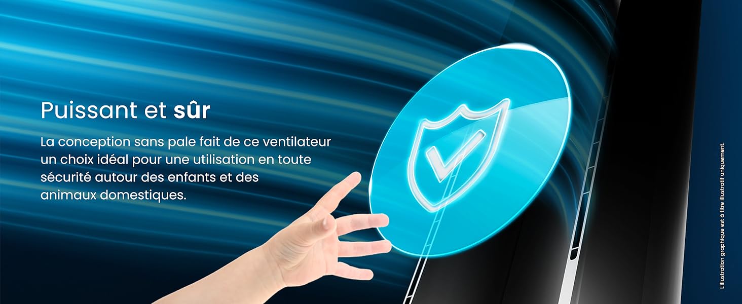 Main tendue vers une icône circulaire bleue brillante avec un symbole de bouclier, représentant la sécurité ou la protection. L'arrière-plan montre des lignes de flou de mouvement suggérant la technologie ou la vitesse