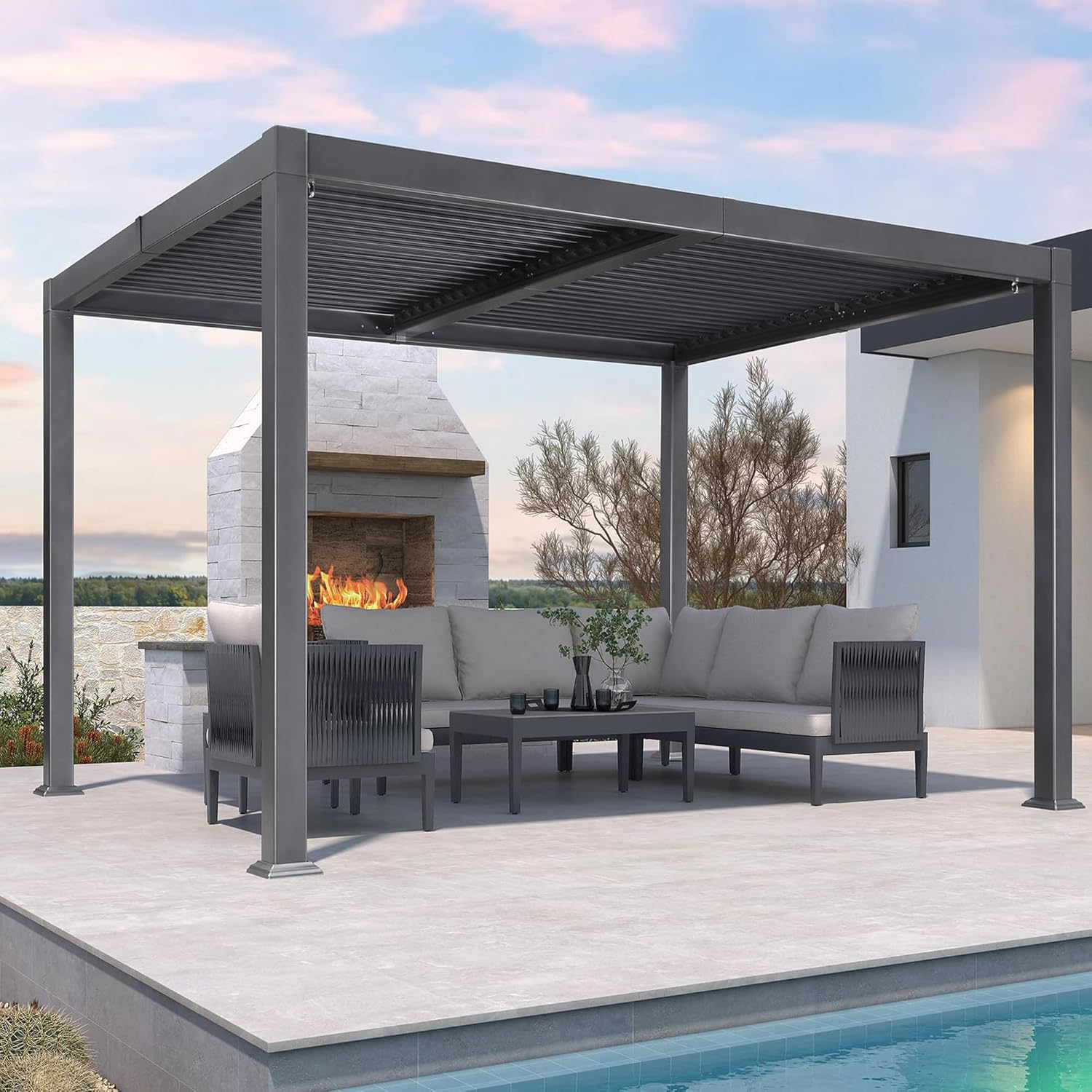 jardinite - pergola bioclimatique - 3x3,65m - aluminium, lames orientables, gris