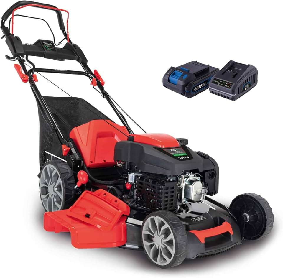 jardinite Tondeuse à Gazon Hybride MS225-56E – Tondeuse à Essence – Moteur à Essence 4 Temps de 6 CV / 4,4 KW – 224 cm³ – Largeur de Coupe 56 cm – Démarrage électrique – Batterie + Chargeur Inclus