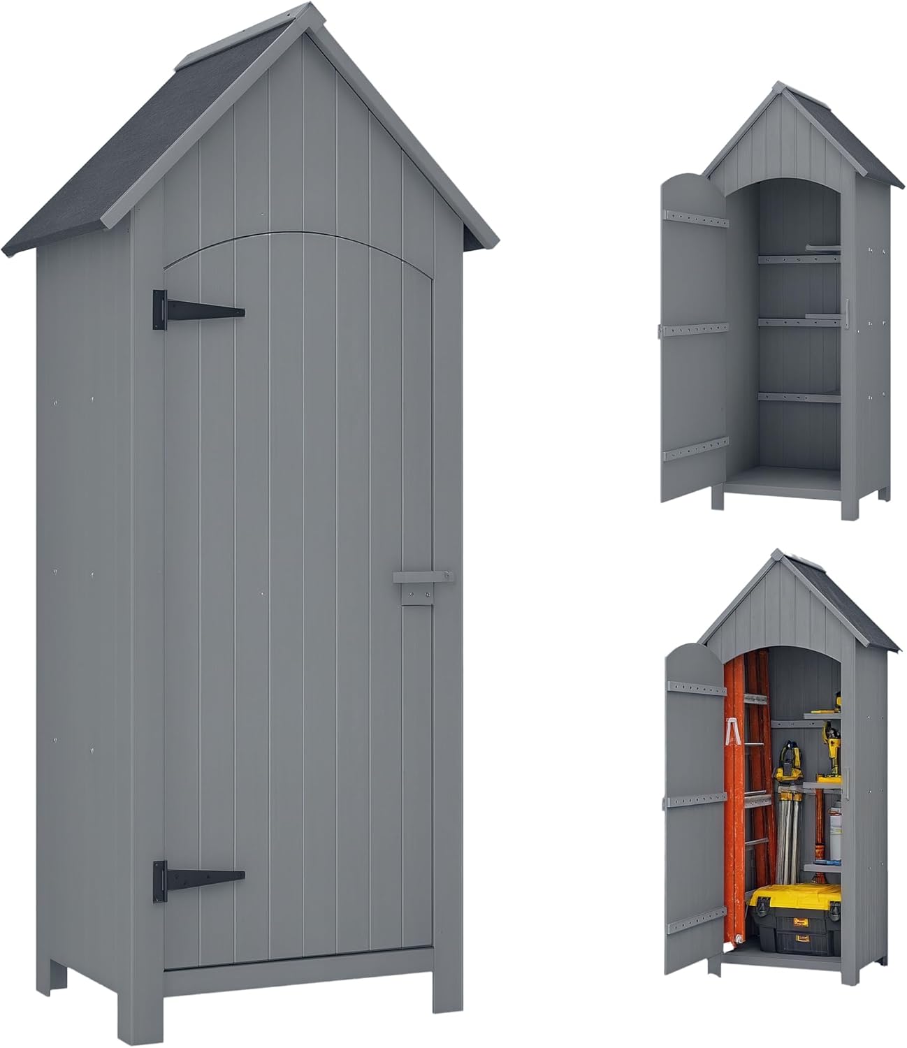 jardinite Abri de Jardin en Bois cabane de Jardin Exterieur Armoire de Jardin avec Toit bitumé 3 étagères Porte avec loquet Rangement et Stockage extérieurs pour terrasse 77,5 x 54,2 x 179,5 cm Gris