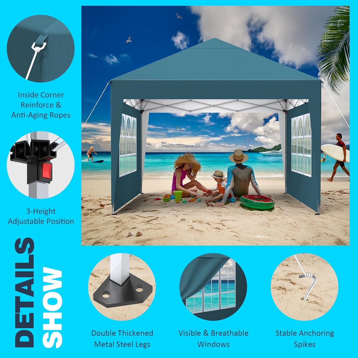 Tonnelle de jardin - pliante 3x3m - 4 côtés, imperméable, UV50+, hauteur réglable, sac transport
