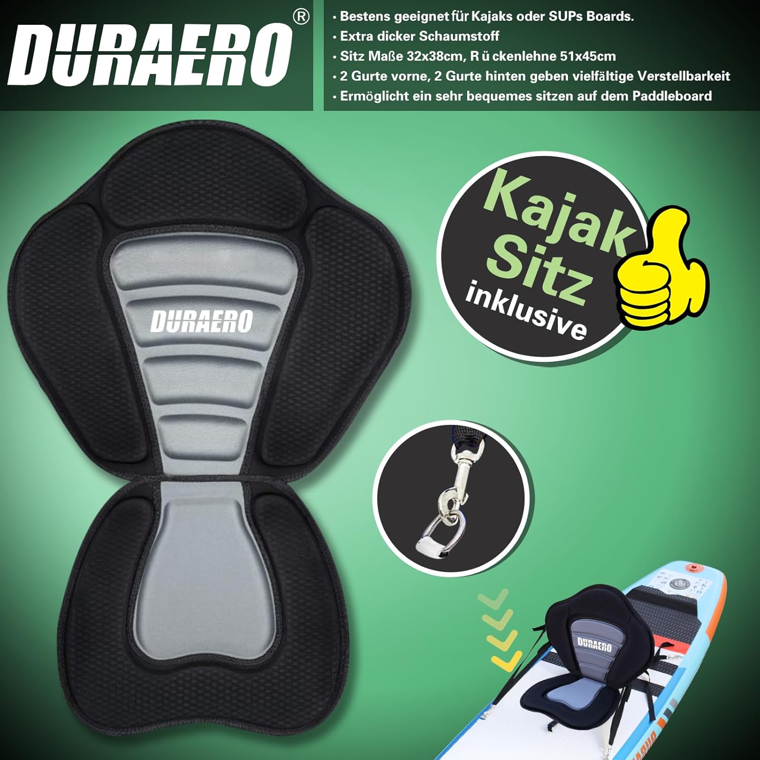 Siège de Kayak Gonflable Stand Up Paddle et Support de caméra, pagaie 2 en 1 330x76x15cm, Pompe jusqu'à 150kg avec Sangle de Pied, Sac à Dos