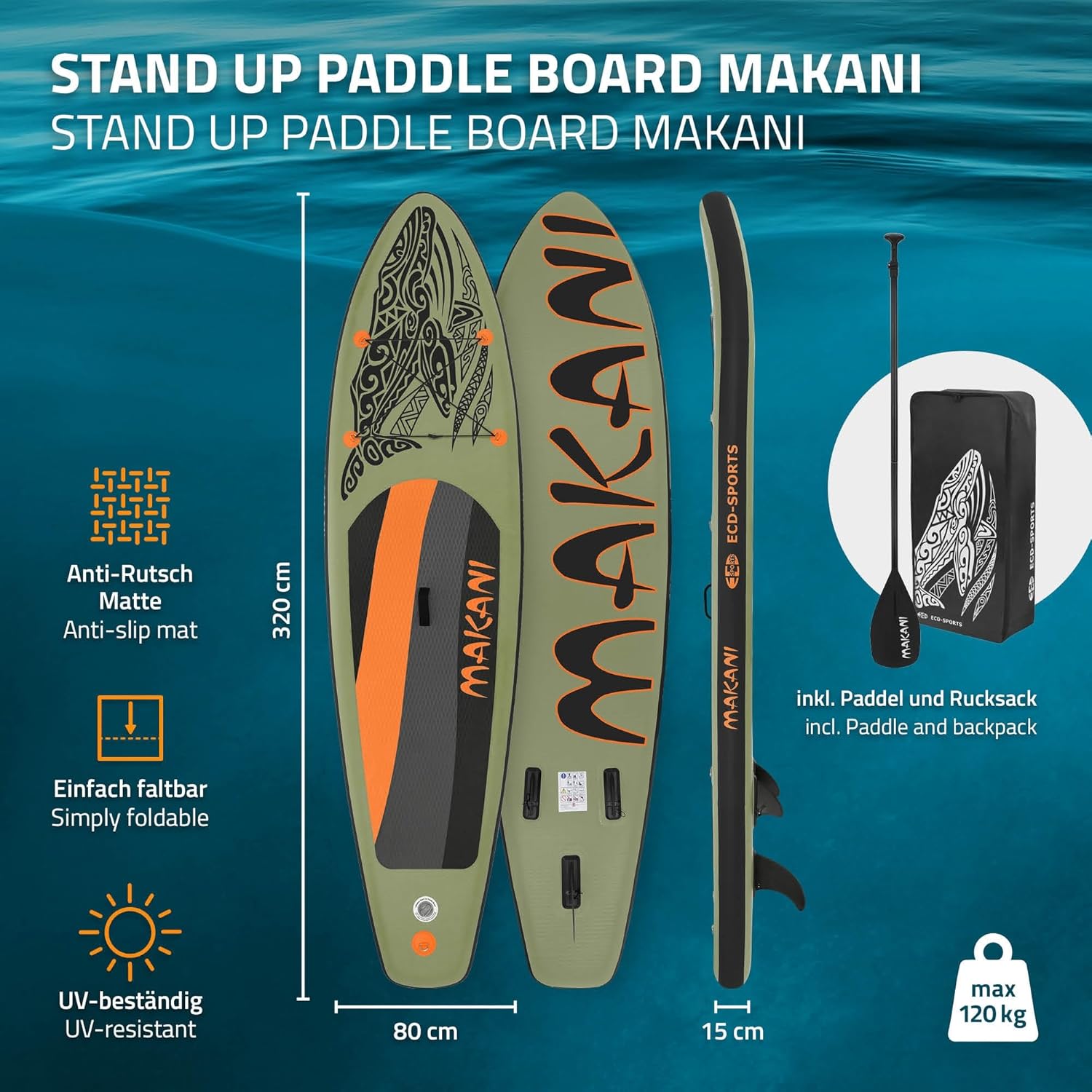 jardinite - Stand Up Paddle Série - 305/308/320/380 cm - PVC, 120/150 kg, épaisseur 10/15 cm, sac, pompe