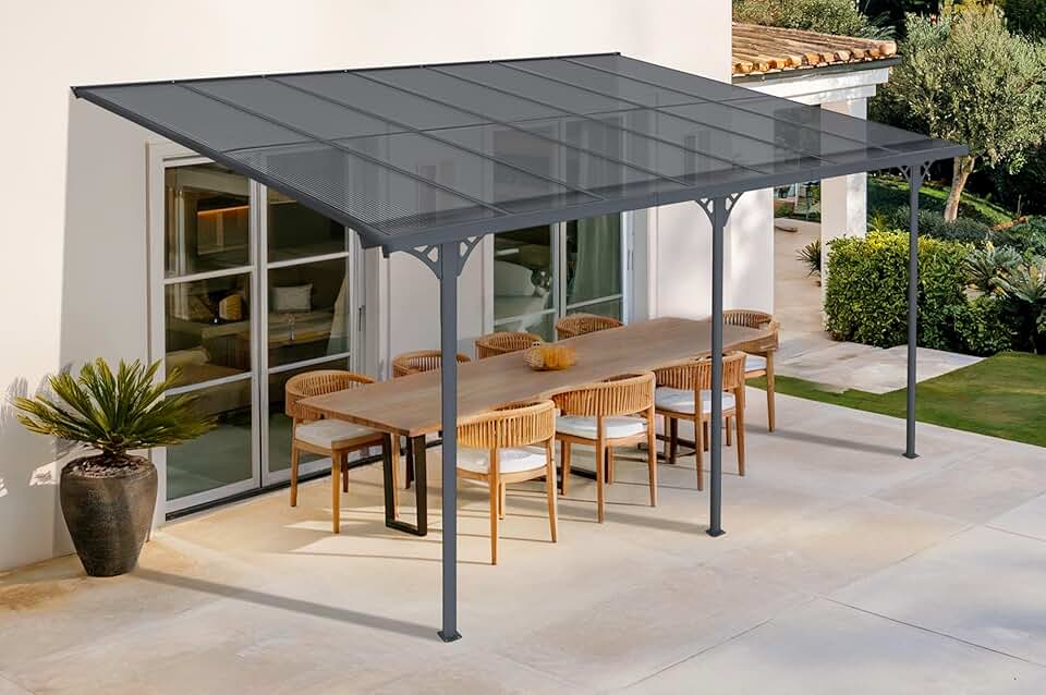 jardinite - pergola adossée KLEO - 435x300 cm - alu, toit polycarbonate, résistant UV, gris anthracite KLEO