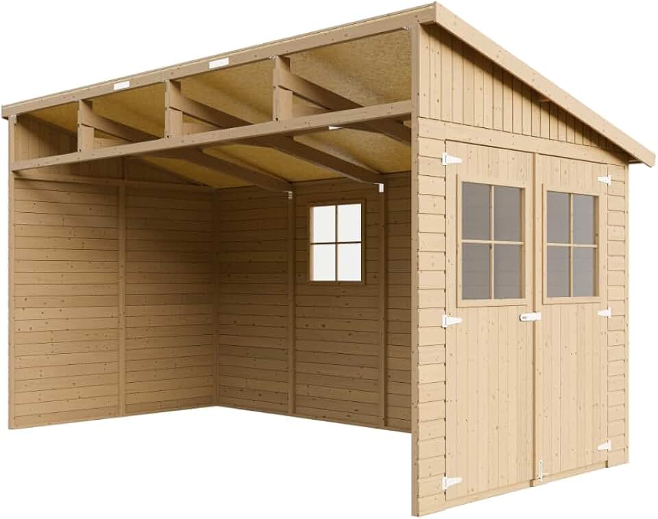 jardinite M340 Abri de Jardin en Bois Naturel (sans paroi latérale)- Stockage extérieur avec fenêtres- H243x216x416 cm/8 m2, Hangar en Bois Naturel - Atelier Rangement Outils et vélos The Forest Stewardship Council