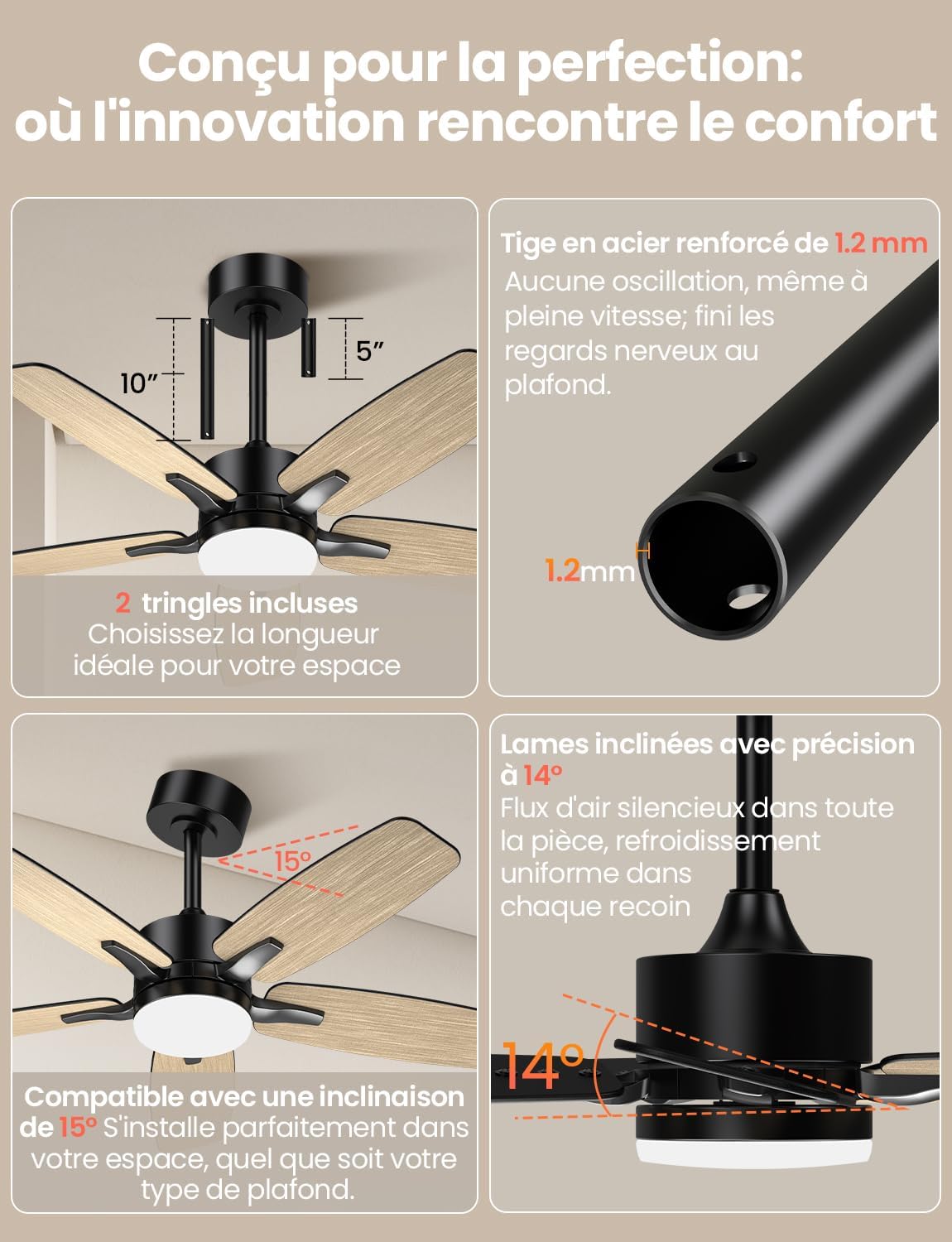 Ventilateur plafond LED 106cm, 5 pales bois/noir, télécommande, minuterie, 6 vitesses