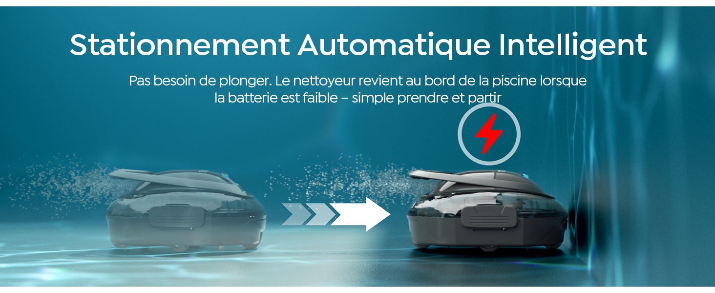 Le texte indique « Stationnement automatique intelligent ». Vue sous-marine d'un robot nettoyeur de piscine avec des graphismes techniques superposés.