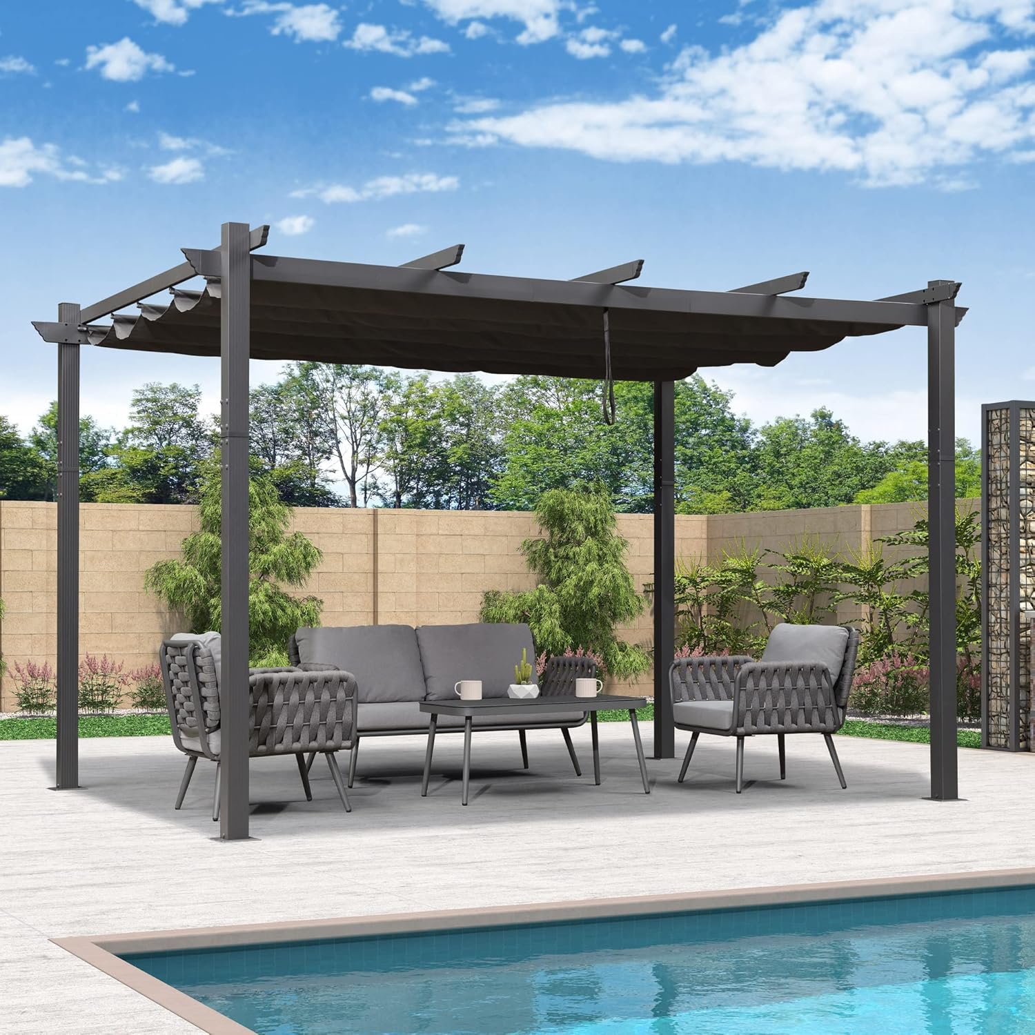 jardinite - pergola aluminium - 4 x 3,2 m - toit coulissant, tissu teint, gris