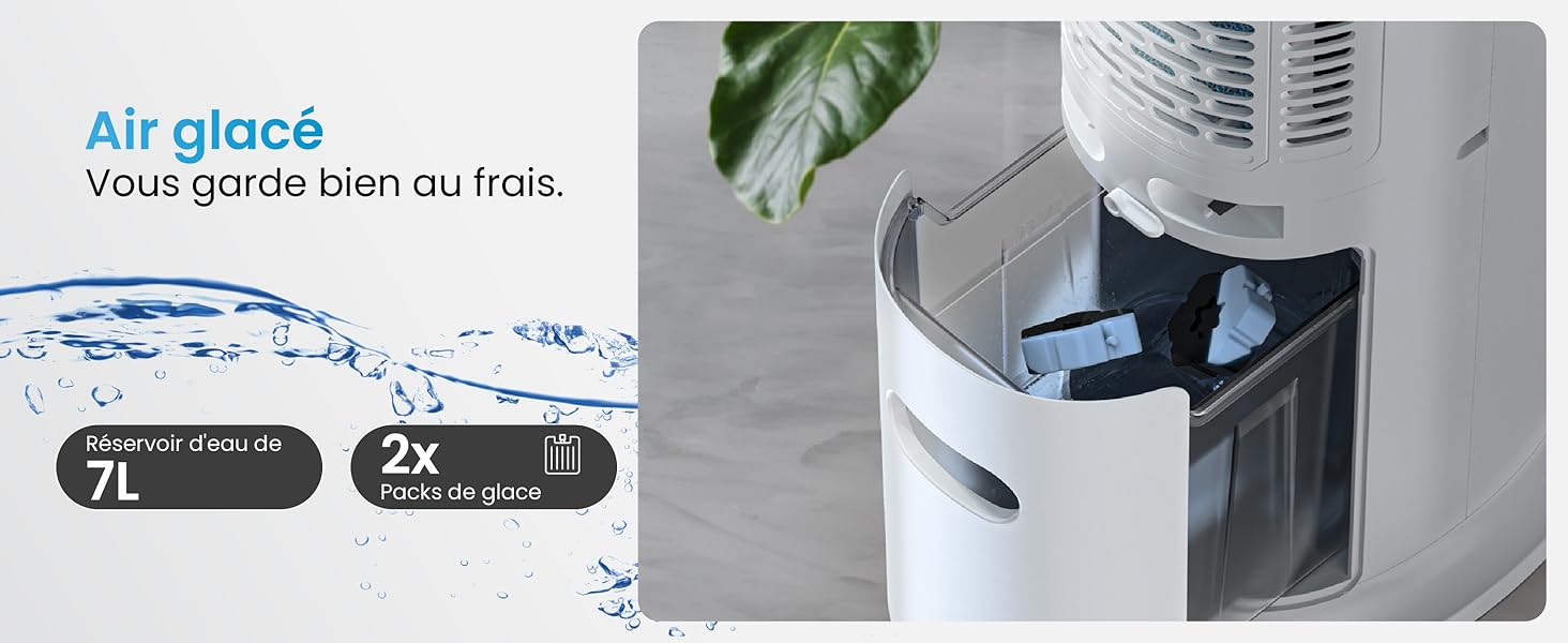 Publicité sur un appareil de refroidissement par air montrant une capacité de 7 L et une double fonctionnalité, avec le compartiment du réservoir d'eau visible en vue latérale