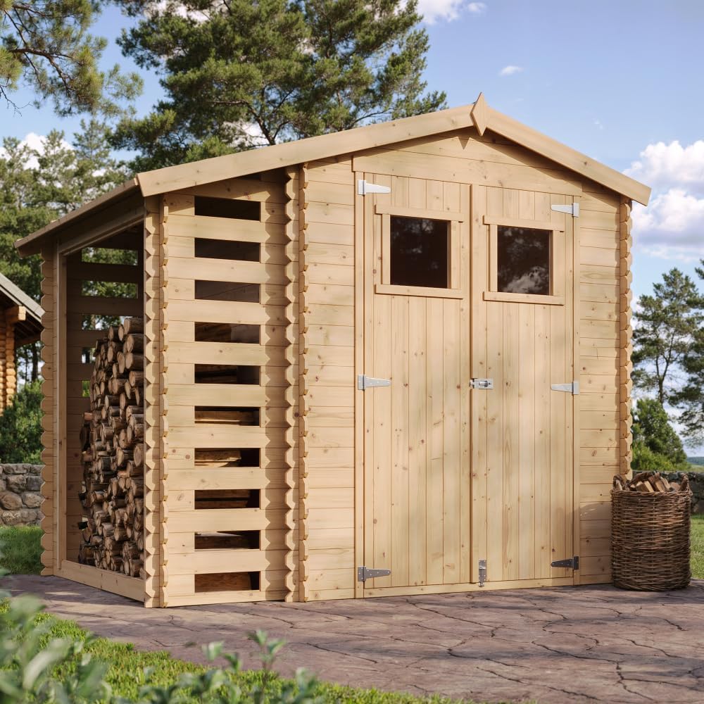 Abri de Jardin en Bois et Range bûches extérieur - Stockage extérieur I206xL272xH218 cm/ 3,53 + 0,97 m2 Petit abri à Outils, Local à vélos - jardinite M386