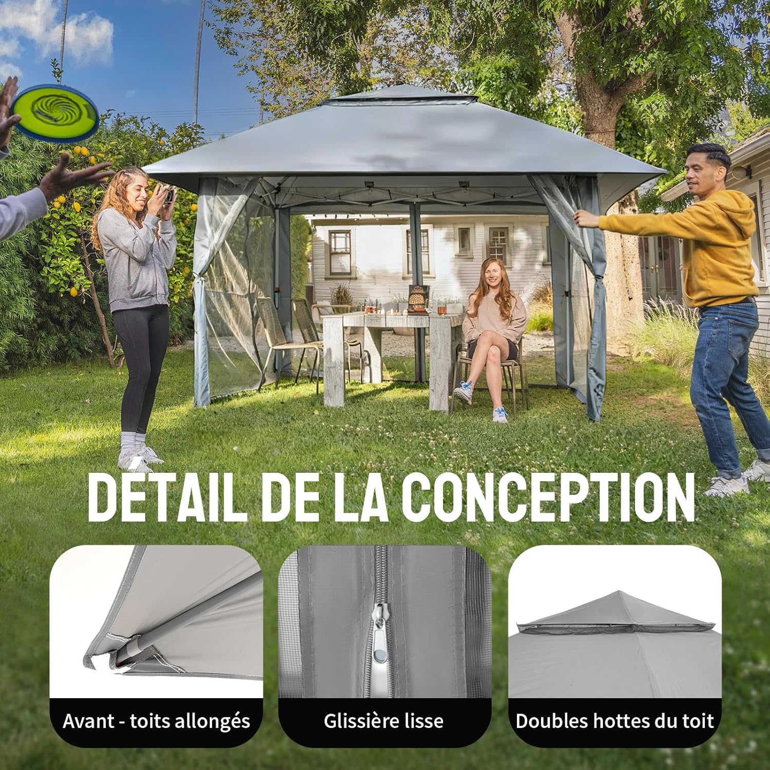 jardinite - tonnelle jardin pop up - 4x4 m - double toit, côtés maille, hauteur réglable