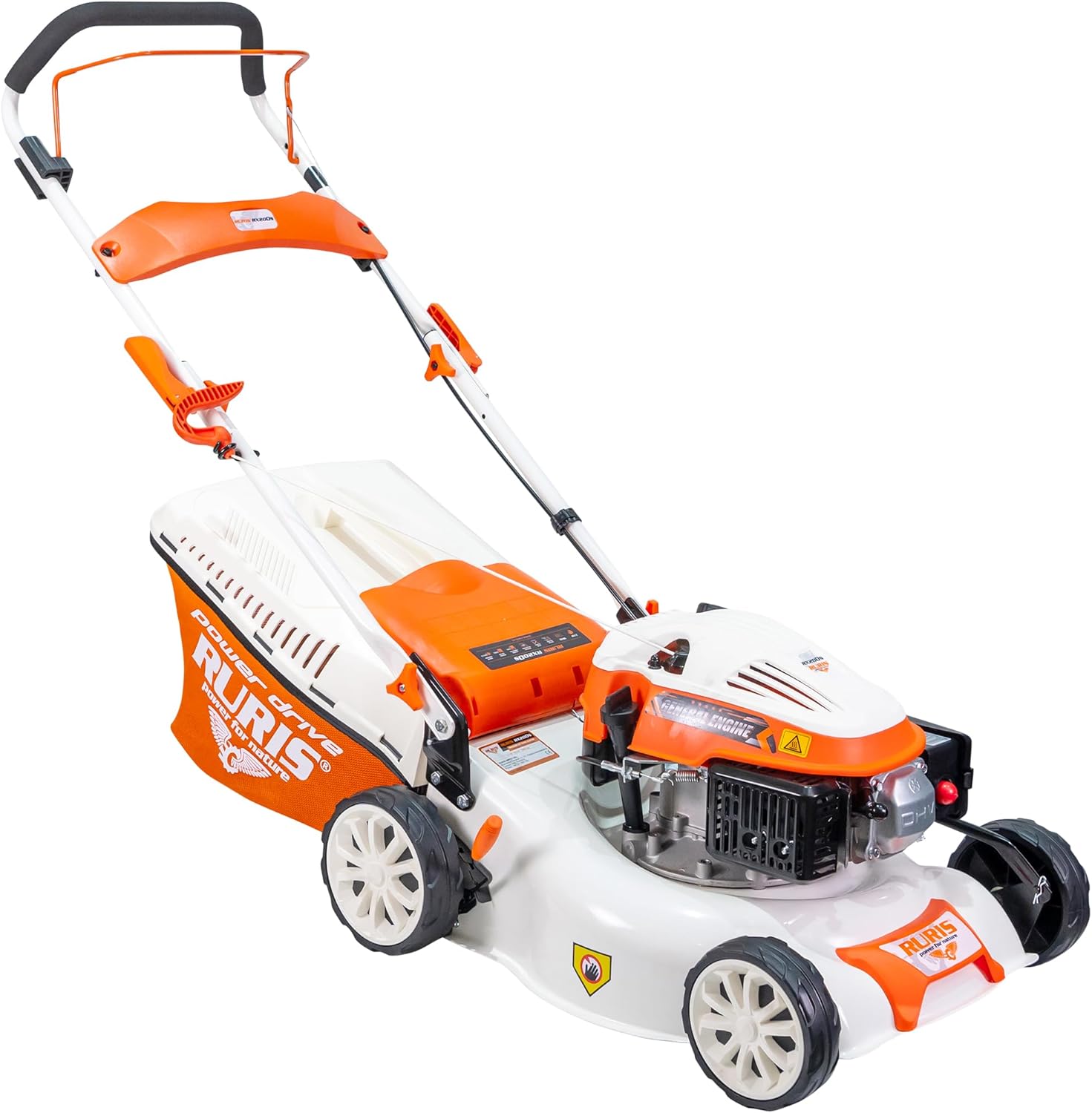 RURIS Tondeuse à Gazon Thermique RX200S, 2,7 CV, 42 cm, Sac 45L, 3 en 1: Collecte, Éjection Arrière, Mulching, Châssis Acier, Hauteur Réglable 25-75 mm, Orange