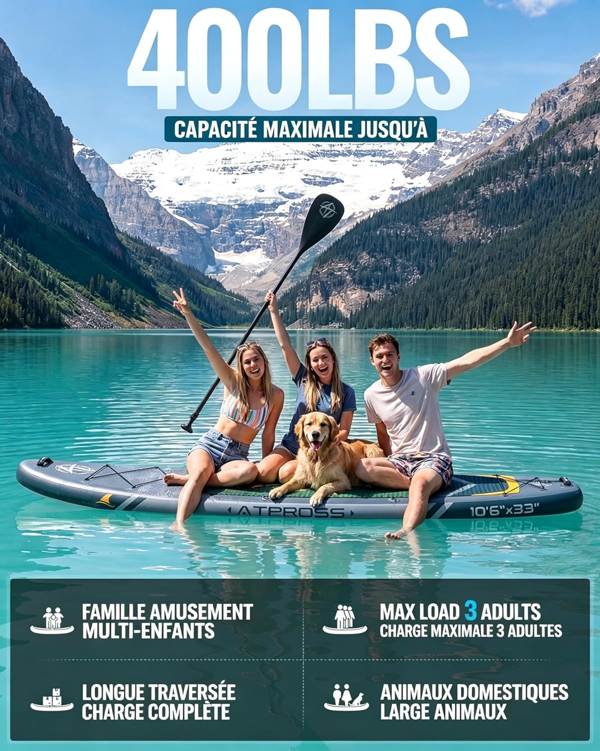 Stand Up Paddle gonflable 320x84cm, 2 places, charge 200kg, siège kayak