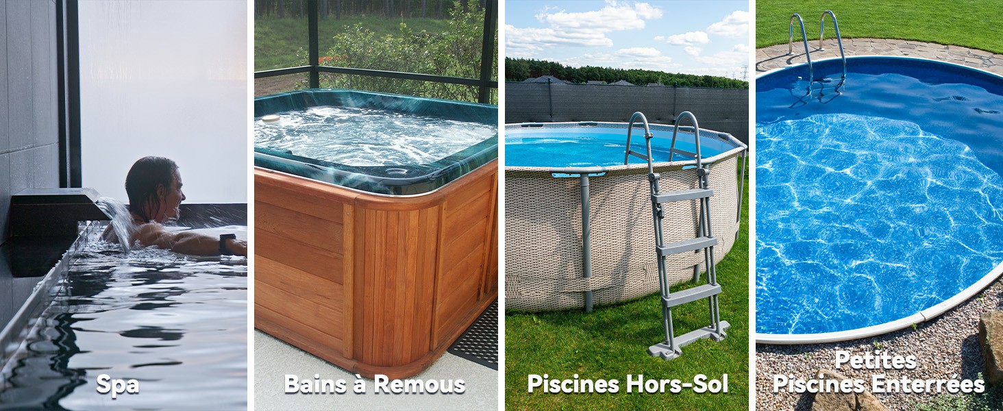 Composite à quatre panneaux montrant différents types de piscines et de spas : spa intérieur, bain à remous en bois, piscine hors sol et piscine creusée aux eaux bleues.