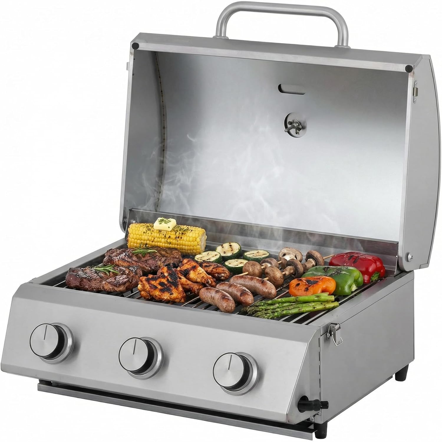 jardinite - Barbecue à gaz portable - inox - 3 brûleurs, thermomètre, allumage piézo - CATHAN