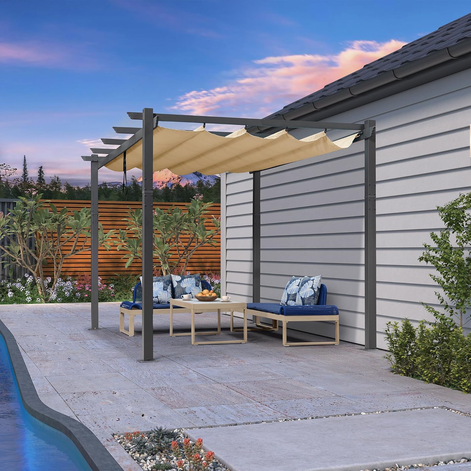 jardinite - Pergola murale - 4 x 2,7 m - toit coulissant alu, tissu kaki