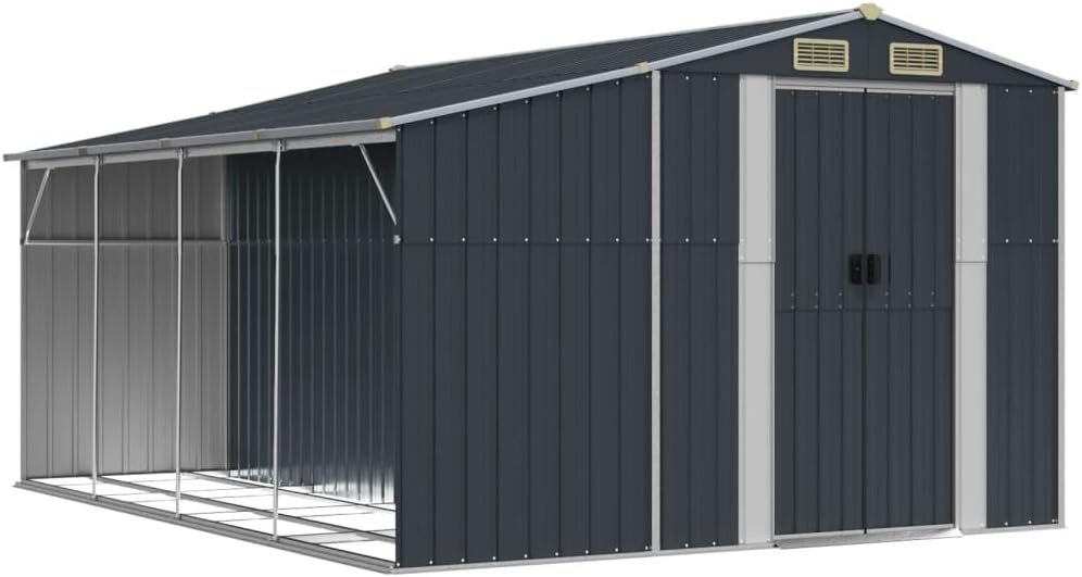 Abri de jardin acier galvanisé - incliné anthracite - 277x365,5x179cm - rangement outils, extérieur durable