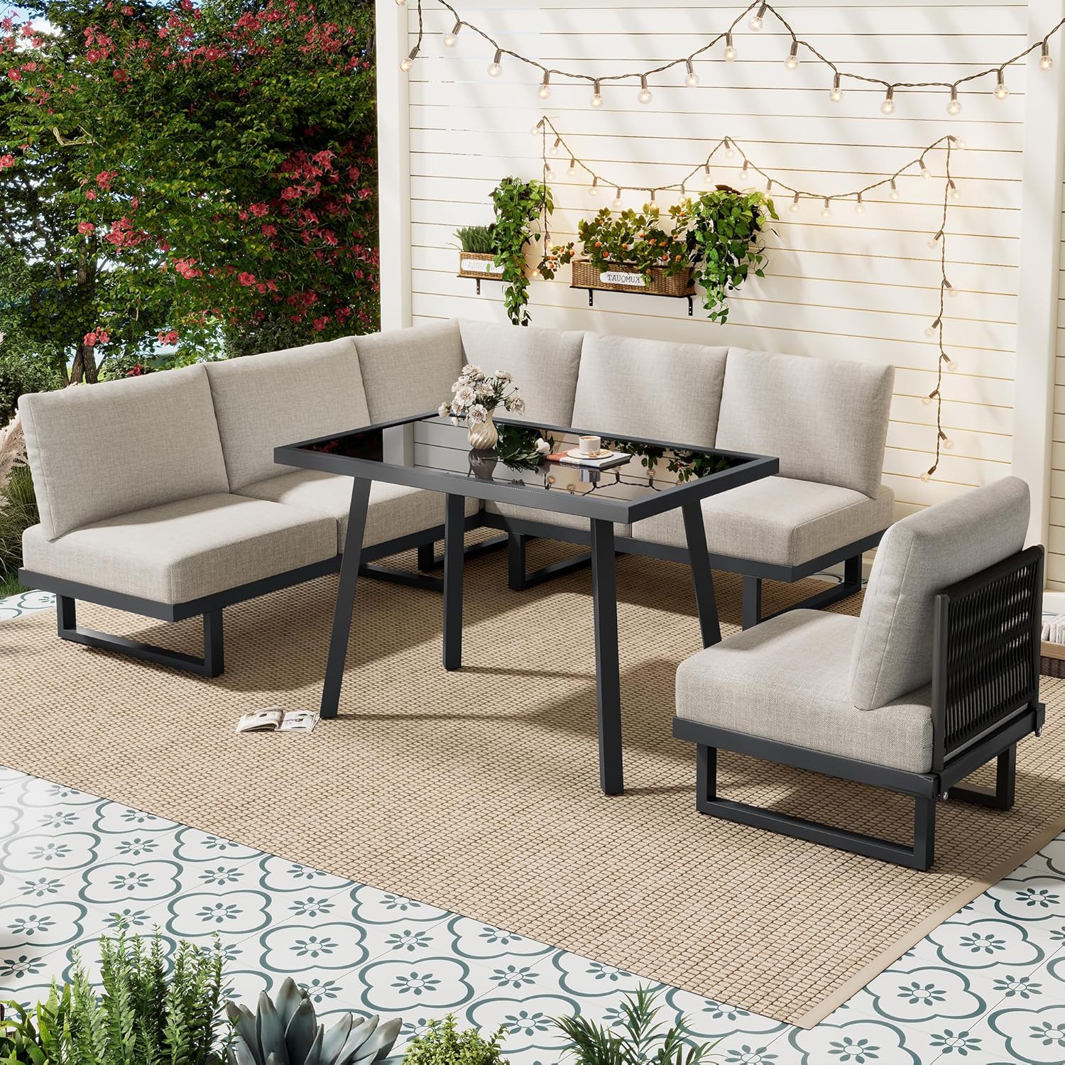Salon de Jardin modulable 6 places, acier, coussins 14 cm, table verre, convertible