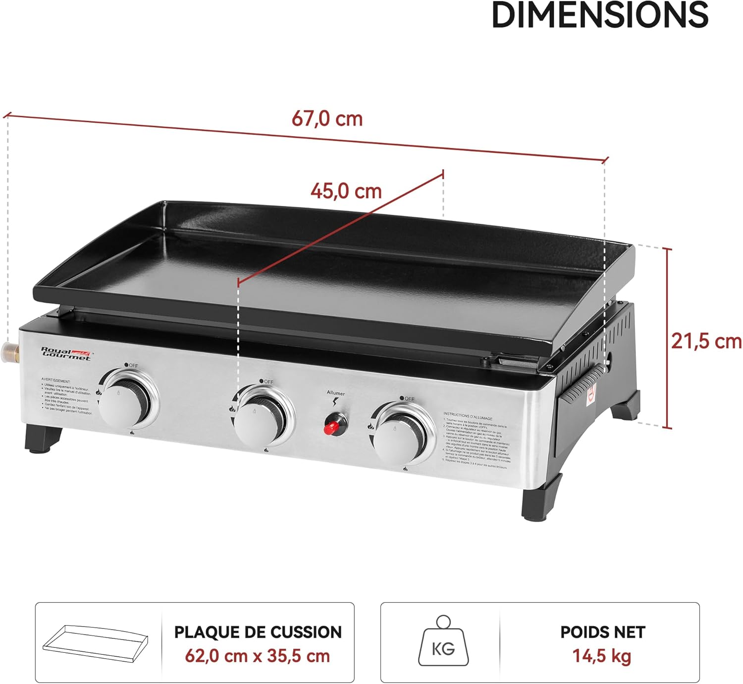 jardinite - Plancha Gaz 3 brûleurs - 62x35,5 cm - acier émaillé, portable, 7.5kW