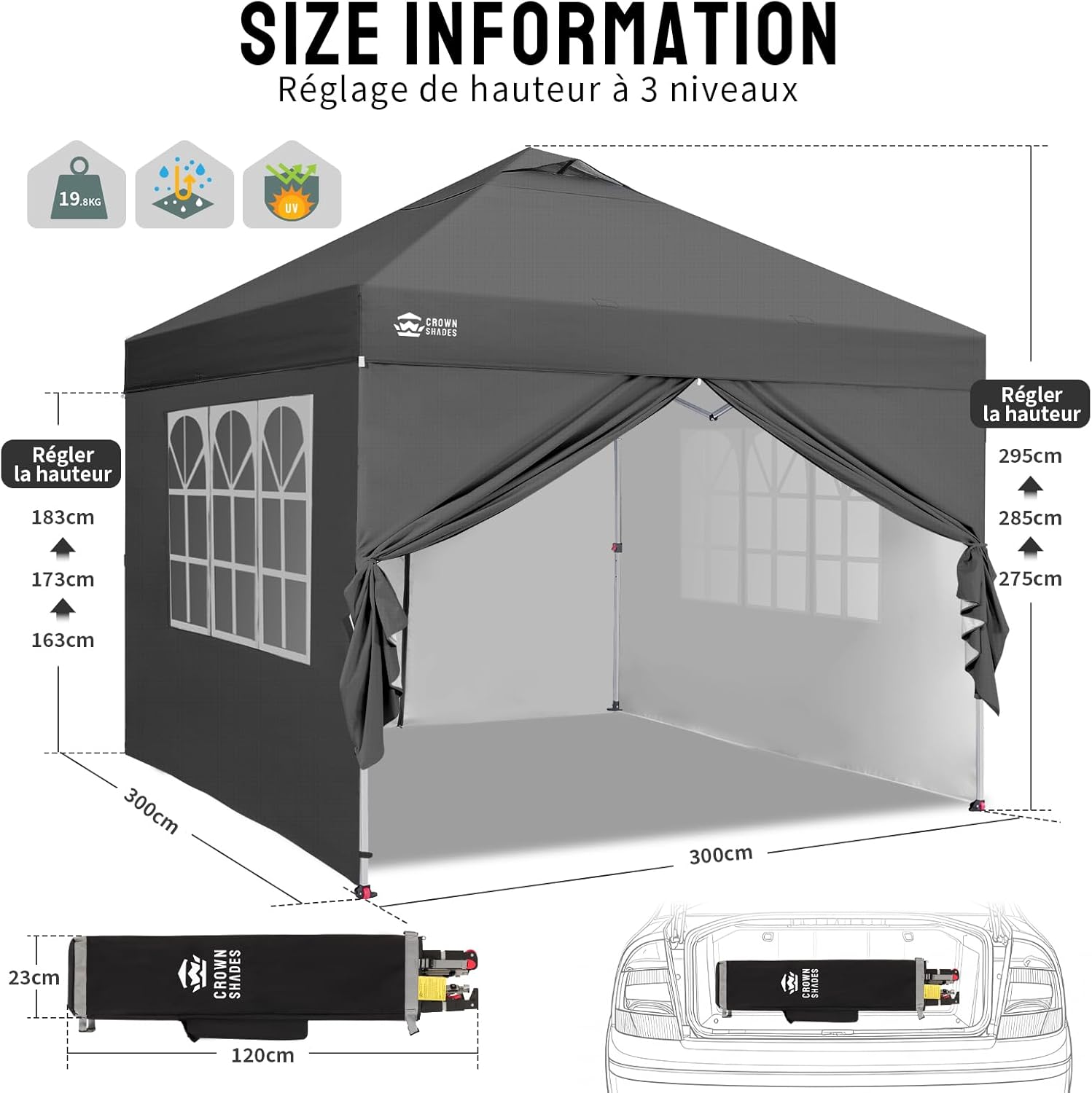 jardinite Tonnelle Pliante 3x3 Imperméable, Barnum Pliant de Jardin Exterieur, Pop-Up Gazebo avec Sac de Rangement, UPF 50+, avec 4 Parois Latérales Amovible, 4 Sac de Sable, Gris