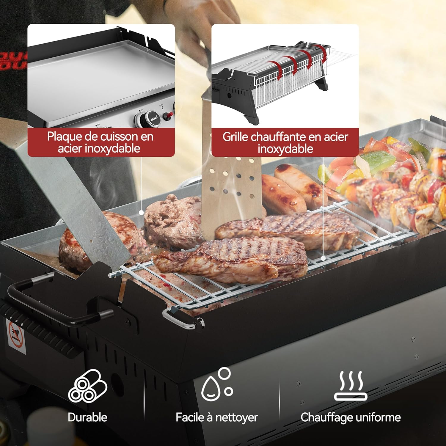 jardinite - Plancha gaz inox 3 brûleurs 61,5x32cm, 7,5kW, usage extérieur