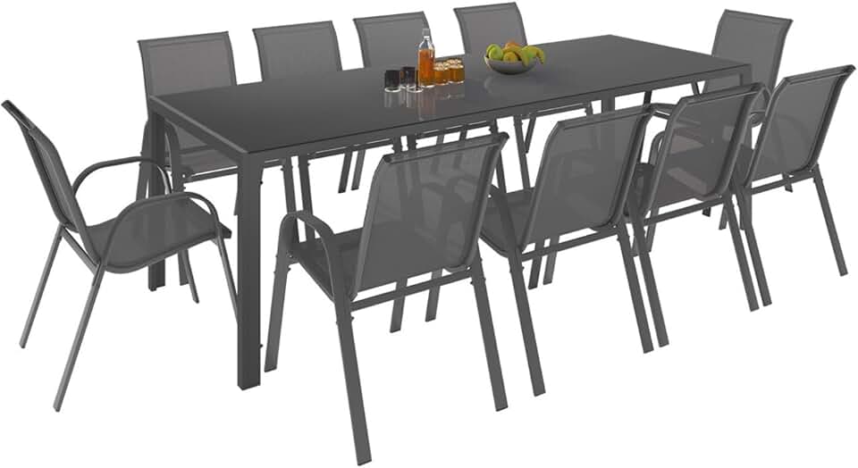 jardinite - Madrid série - Table 240cm, 10 chaises empilables, gris anthracite