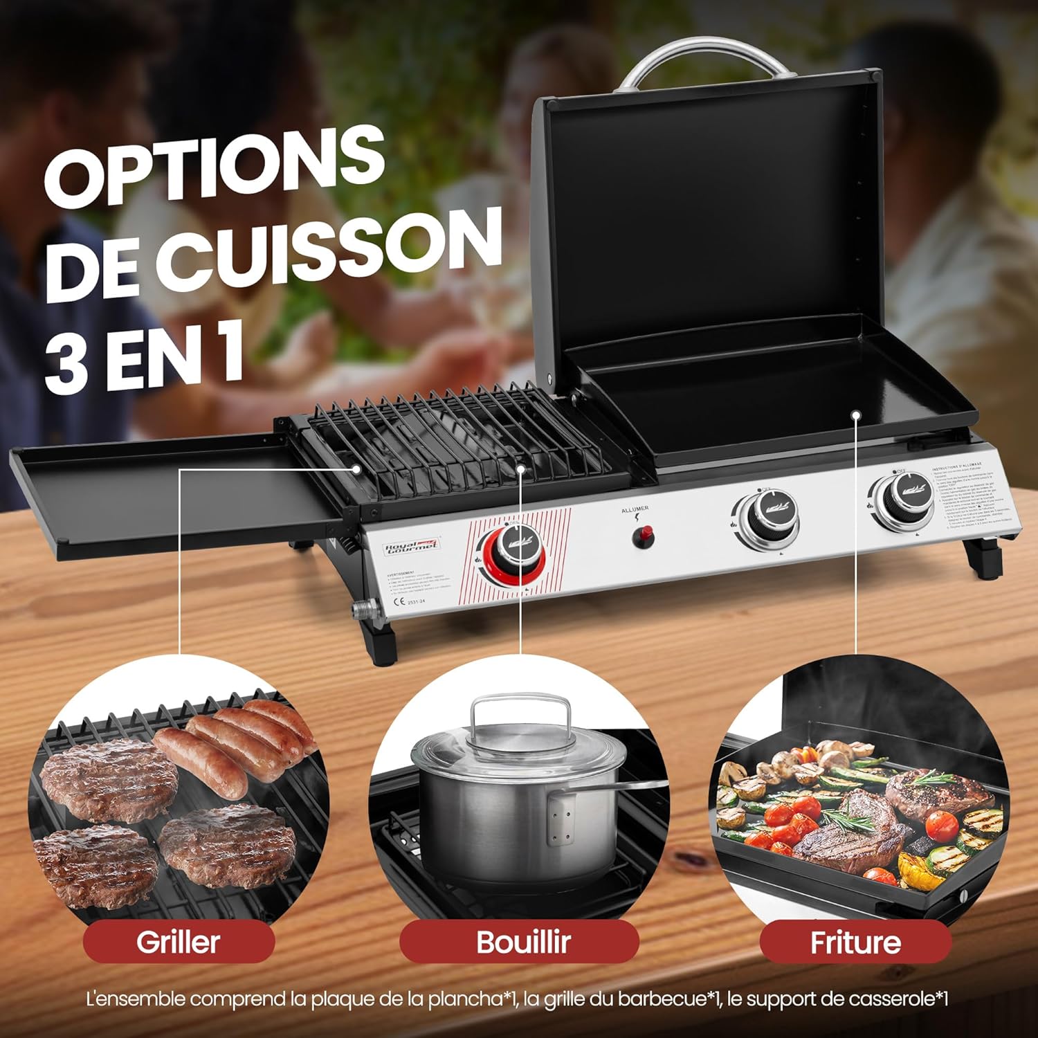jardinite - barbecue gaz 3 brûleurs - 8,5kW - plancha, grille, couvercle multifonction