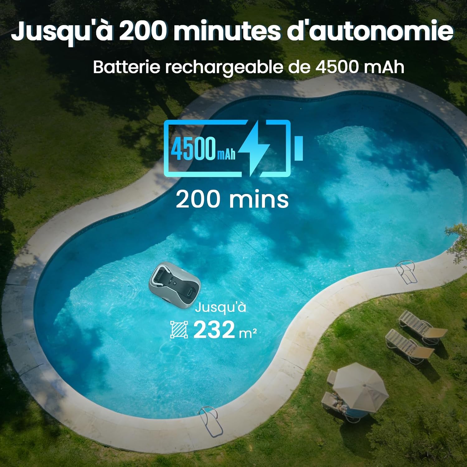 Robot piscine sans fil - compact, 200min autonomie, filtration fine, 232m²
