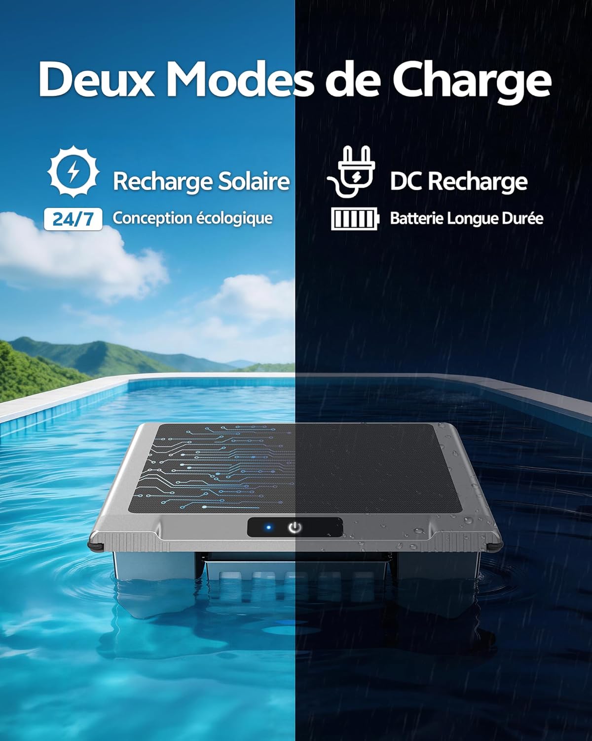 T1B Robot Nettoyeur Skimmer Solaire Robot de Surface Piscine, avec Nettoyage 24h/7, Double Modes de Recharge, Retour Automatique à la Base, adapté aux piscines Enterrées et Hors Sol (Gris)