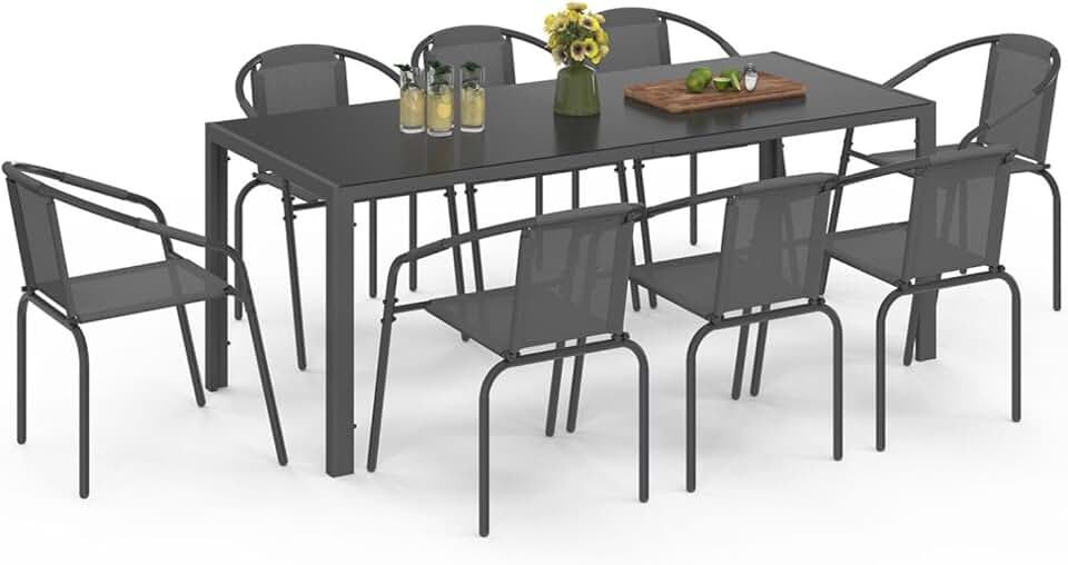 jardinite - Salon Thelma - table 190 cm + 8 chaises empilables - gris anthracite
