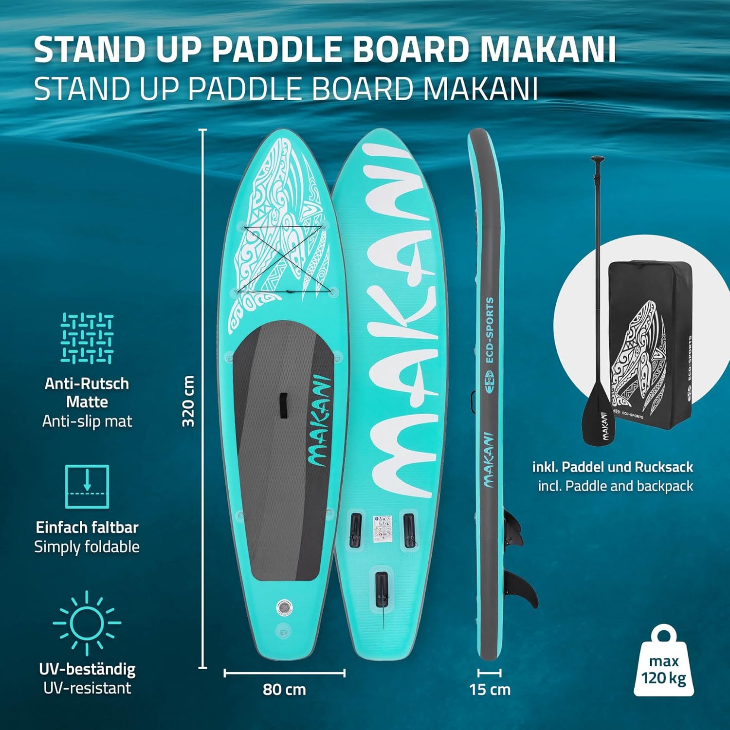 jardinite - Stand Up Paddle Board - 305/308/320/380 cm - PVC, jusqu’à 150 kg, 10/15 cm, sac, pompe