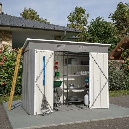 Abri de jardin en métal - 2,4 x 1,2 m - Gris - Résistant aux intempéries - Verrouillable avec base en métal - Pour outils de jardin et terrasse extérieure