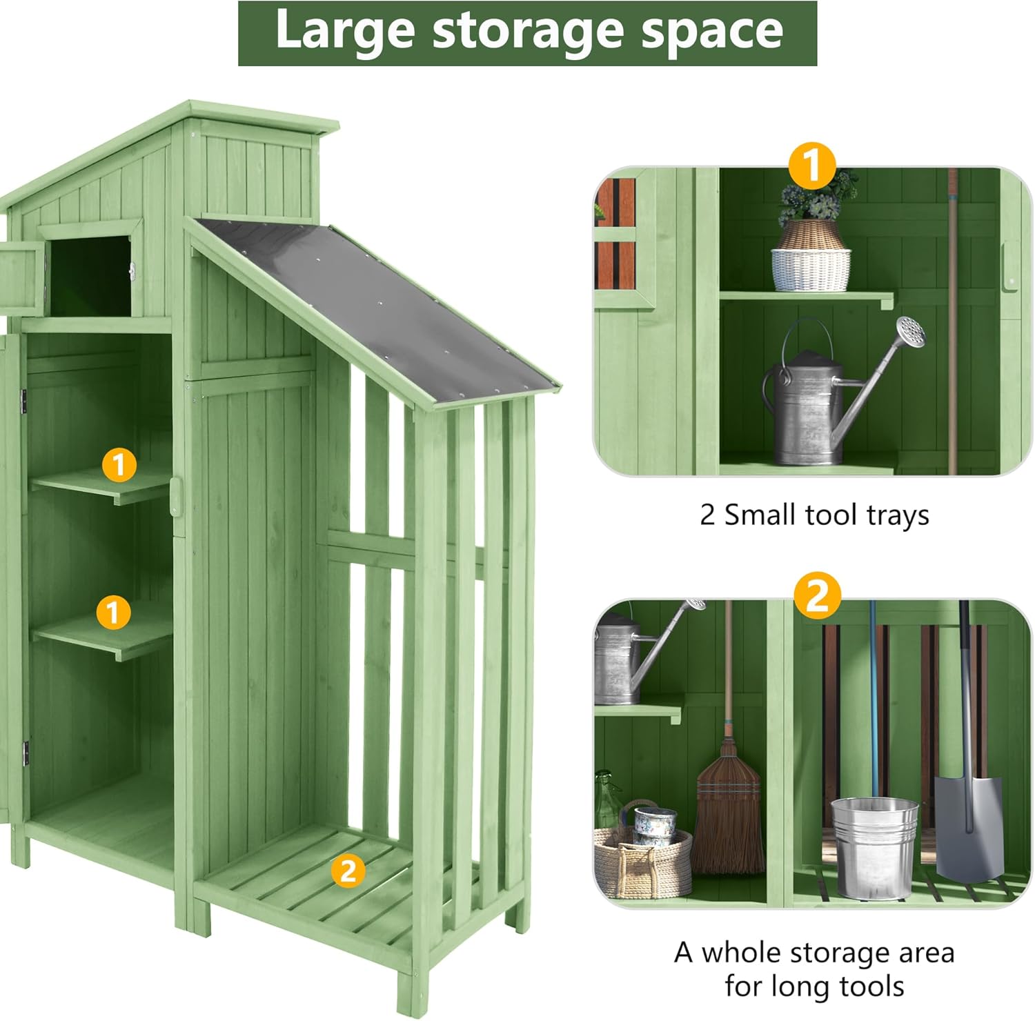 Abri de Jardin en Bois, Cabane de Jardin avec PVC à Structure en Forme de Selle, Coffre de Jardin avec Fondation et 2 étagères de Rangement, Armoire Outils de Jardinage, 124x46x174cm Vert