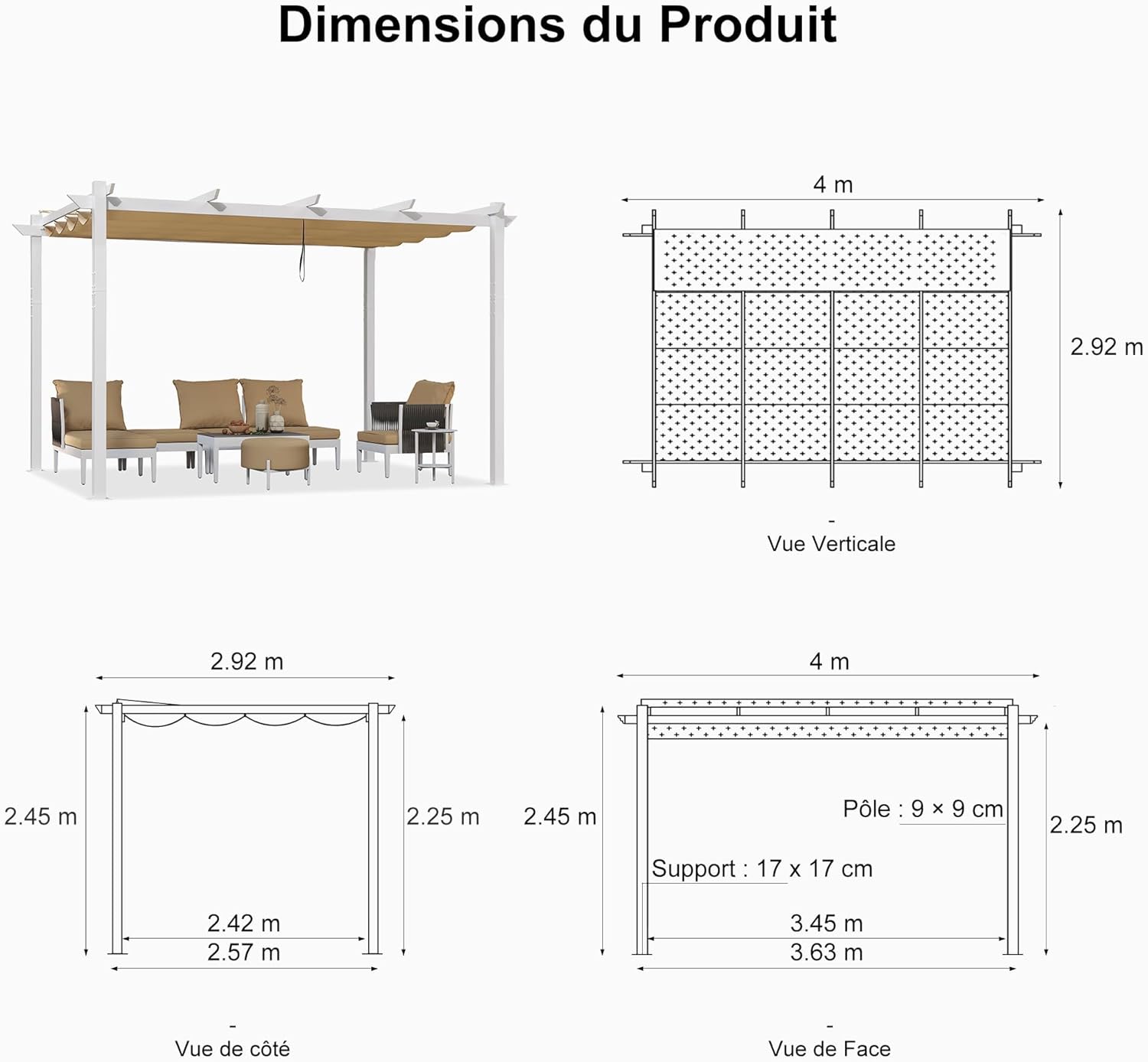 jardinite - Pergola aluminium - 4x3m - éclairage intégré, toit kaki
