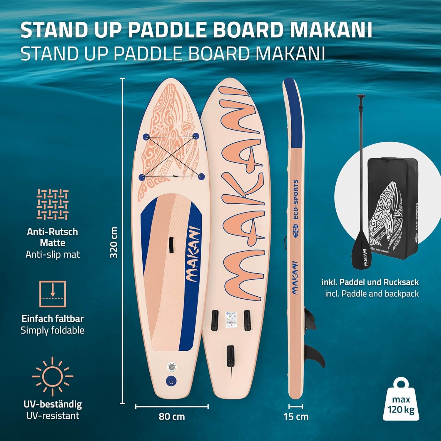 jardinite Stand Up Surf Paddle Board Gonflable 305/308/320/380 cm | PVC | jusqu'à 120/150 kg | Épaisseur 10/15 cm | Planche de Surf Pagaie Sac de Transport Pompe à Air | Diverses Couleurs Modèles