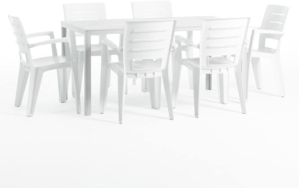 Thomas & Anita - Salon de jardin 6 places - 160x90cm - acier et polypropylène, table effet bois blanc, chaises empilable