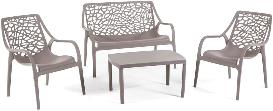 Salon de jardin - Maratea - 4 places - Polypropylène, empilable, imperméable, design moderne, Taupe