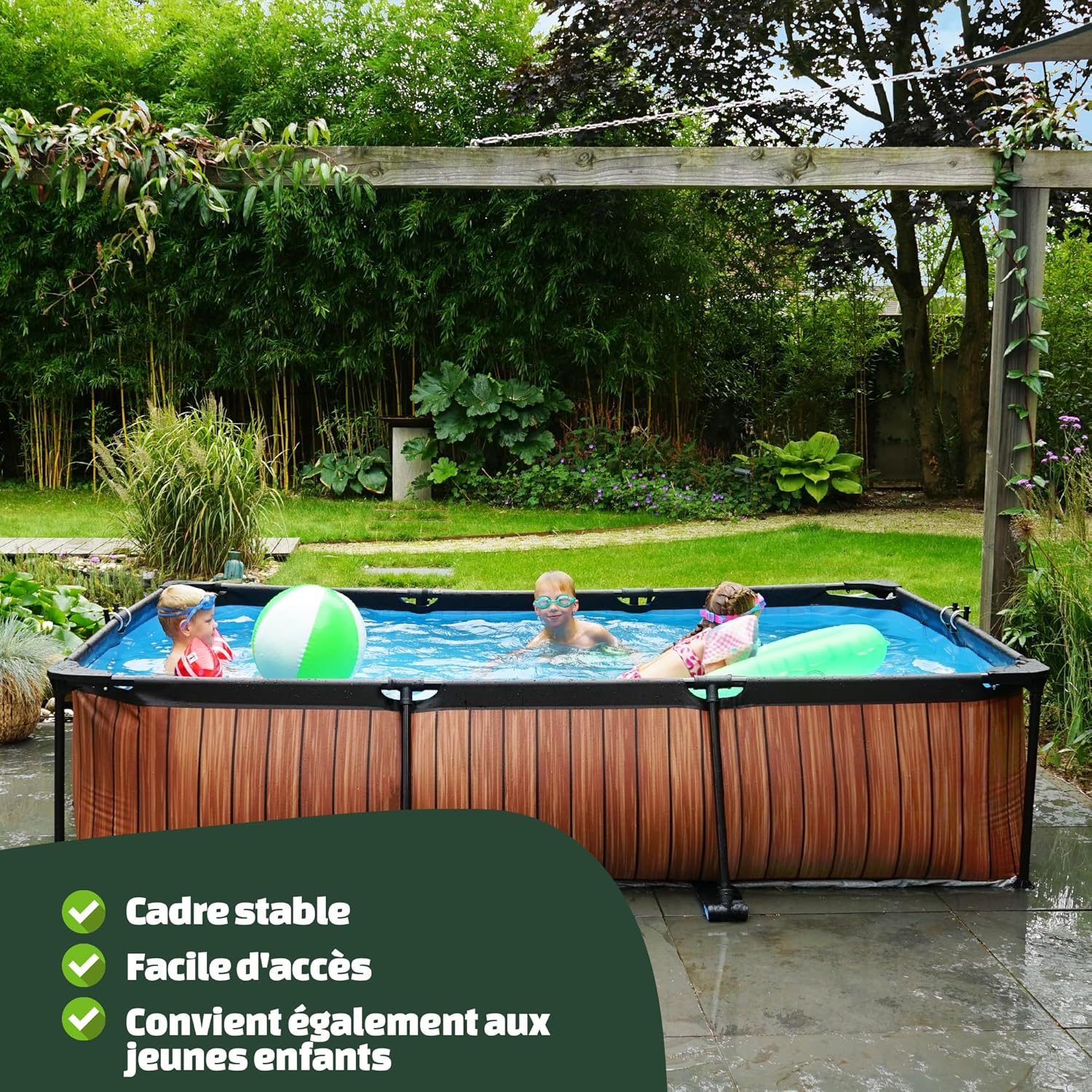 jardinite Piscine Stone - 300x200x65cm - Piscine Hors Sol Rectangulaire avec Pompe Filtrante à Cartouche - Entrée Basse - Idéal pour Les Jeunes Enfants - Cadre Stable - Design Unique - Gris