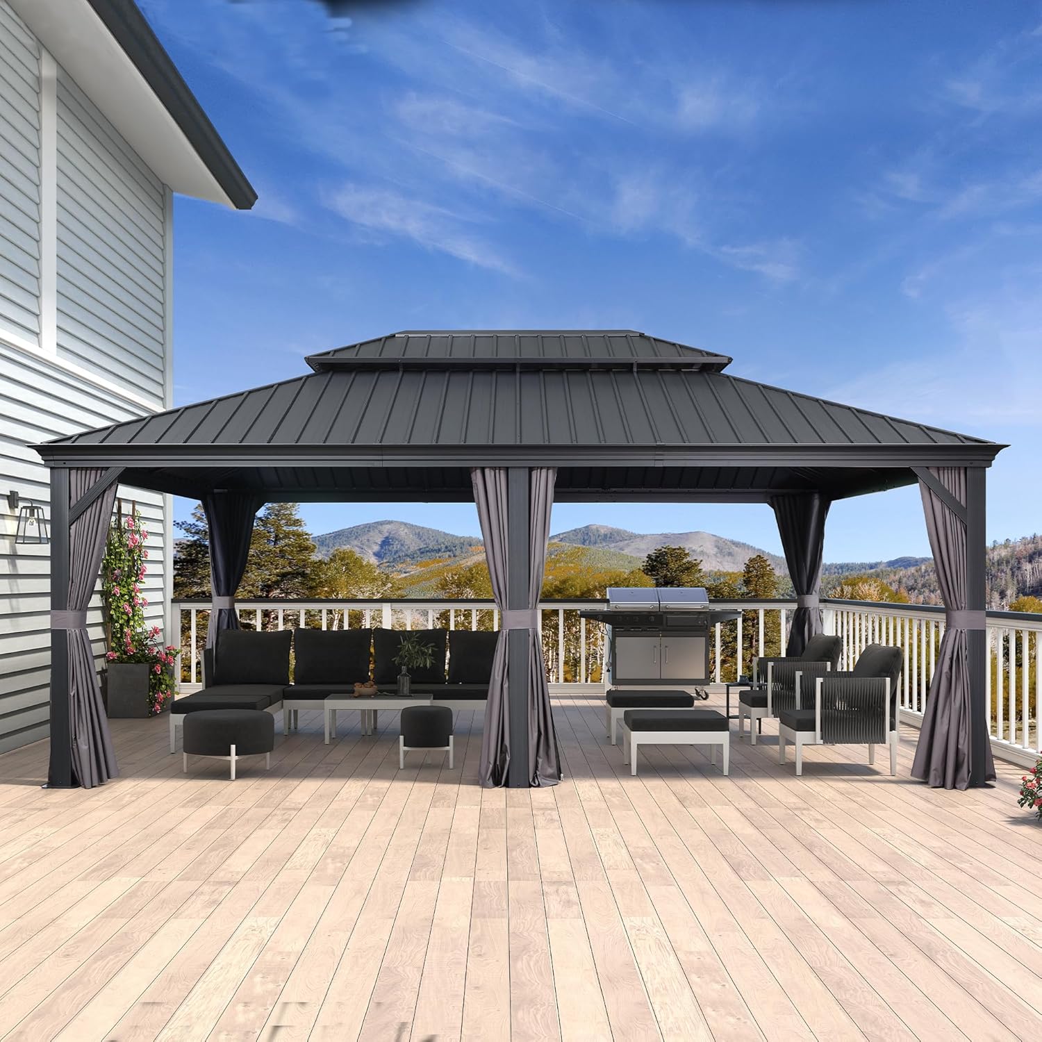 jardinite - tonnelle toit double acier, 6x4,25m, moustiquaire, rideaux
